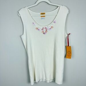 Ruby Rd Beaded Top Womens 2X Embellished Top Ribbed Sleeveless Shirt Pink White